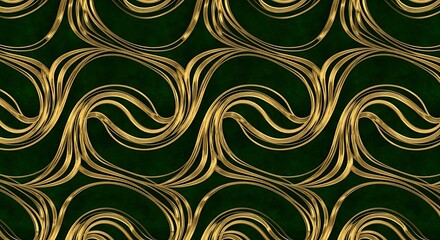 Elegant emerald backdrop adorned with luxurious golden ribboning and swirling lines
