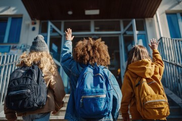 Multiethnic pupils with backpacks leaving school and waving goodbye at the end of the school day