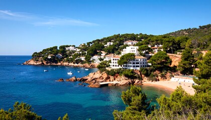 Coastal village nestled on a hillside overlooking a turquoise bay