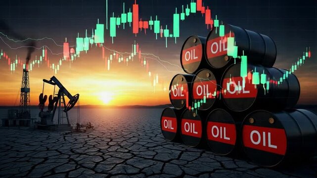 Oil barrels stacked near pumpjack and oil rig with stock chart overlay at sunset landscape
