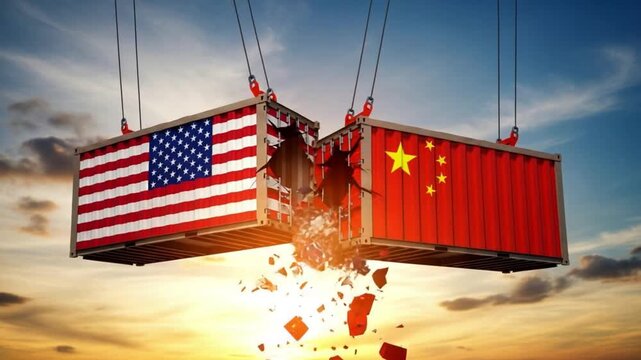 Containers with usa and china flags breaking apart against a sunset sky background view image
