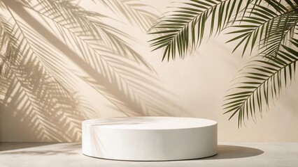White podium for product display with palm leaves shadow, minimal background with sunlight on the wall