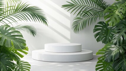 Minimalist white podium with monstera leaves on white background for product presentation and display
