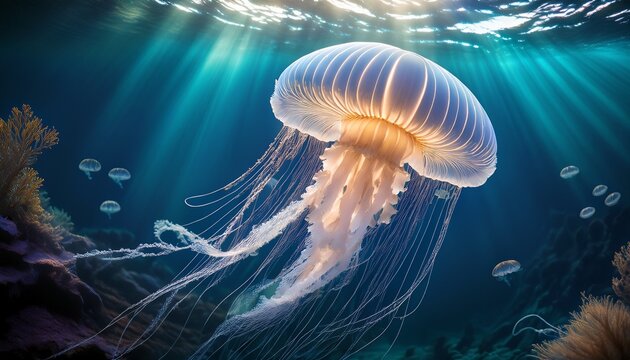 ethereal jellyfish gracefully swimming in deep ocean waters at night