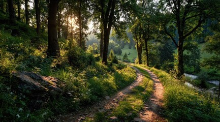 Fototapeta premium Sunlit path winding through a lush green forest, leading to a distant valley