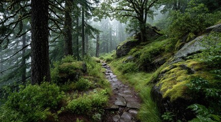 Obraz premium Misty forest trail winds through mossy rocks and lush greenery (2)