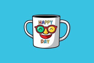 Cheerful Mug with Funny Face and Glasses Wishing a Happy Day on Blue Background