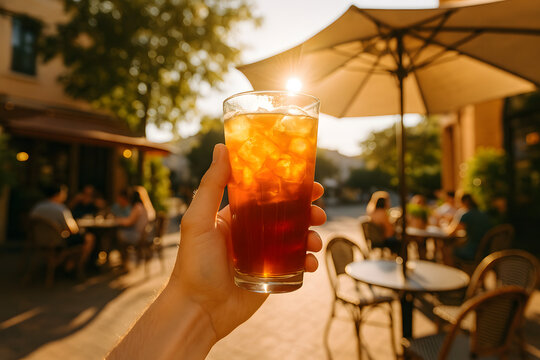 Refreshing Iced Tea Drink at Sunset: Summer Outdoor Dining Bistro Experience with Friends - Powered by Adobe