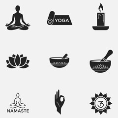 A set of black and white icons for yoga poses and meditation