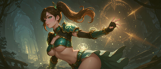 魔法を使うアーマーを着た美女戦士　A beautiful warrior wearing magical armor
