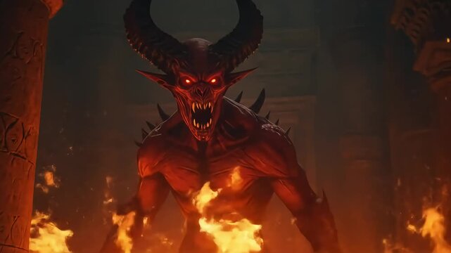 A menacing red demon with horns emerges from flames in a dark, ancient temple setting