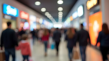 Blurred image of people shopping in modern shopping mall, colorful retail storefronts, soft lighting for lifestyle design or ecommerce theme.