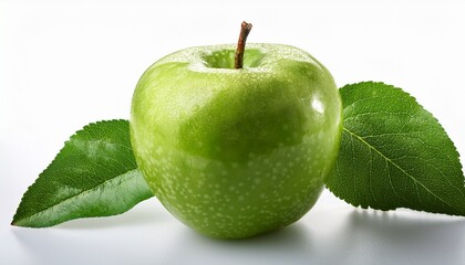 fresh green apple with leaf on white