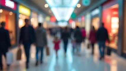 Blurred image of people shopping in modern shopping mall, colorful retail storefronts, soft lighting for lifestyle design or ecommerce theme.
