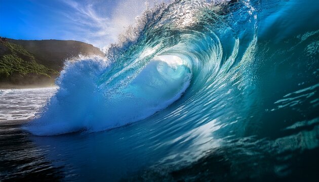powerful ocean wave crashing barrel in sunlight aqua swirl blue sea water