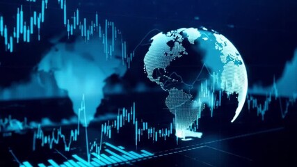 A blue globe with financial charts and graphs overlayed in a modern technology style image - Powered by Adobe