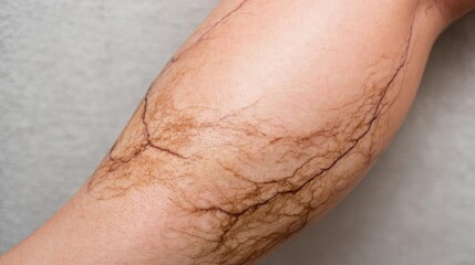 Poor circulation with leg disorder concept. Close-up of a leg showing prominent veins and skin texture.