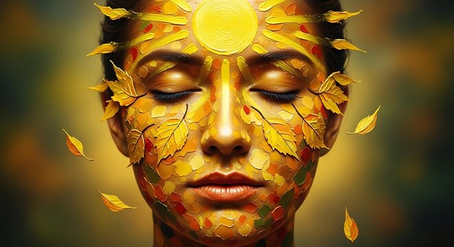 A woman's face adorned with autumnal elements, radiating tranquility. - Powered by Adobe
