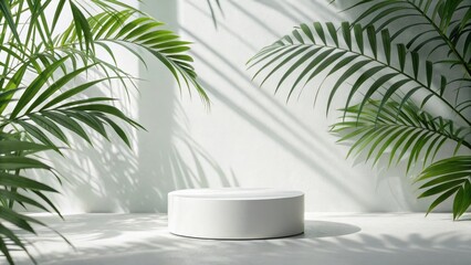 Minimalist podium with tropical palm leaf isolated on white background for product display
