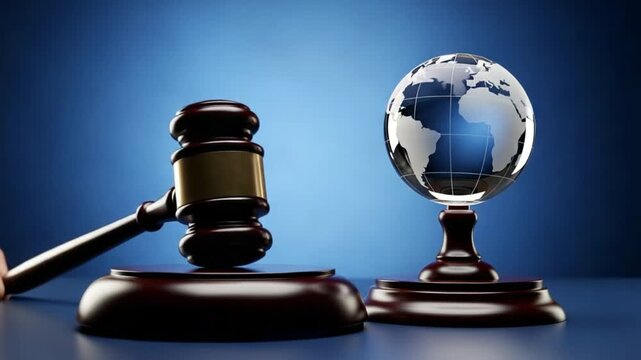A gavel and a globe sitting on a blue surface suggesting international law and global governance
