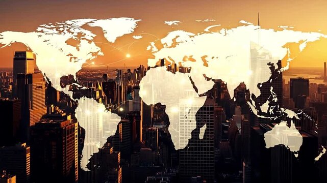 Cityscape view with a world map overlay and connecting lines at sunset creating a global network - Powered by Adobe