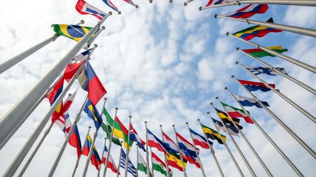 Flags of different countries arranged in a circle against a cloudy blue sky background view from below