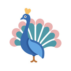 Cute Peacock Illustration with Teal and Pink Feathers on a Black Background