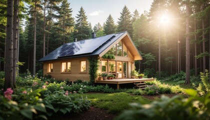 Modern Cabin in Forest with Solar Panels