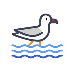 Cute Seagull Icon Standing in Ocean Waves on Black Background