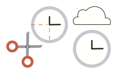 Scissors cutting circular clock, dashed lines indicating division, next to cloud outline and uncut clock. Ideal for time management, productivity, scheduling, planning, cloud storage, deadlines