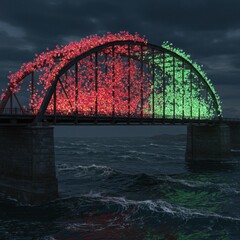 Obraz premium Stunning Night View of a Bridge Drenched in Colorful Lights Over Water with Nature's Touch