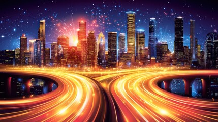 Fototapeta premium Futuristic Cityscape at Night with Light Trails and Fireworks Display