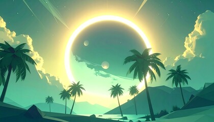 Digital illustration of a fantasy tropical coastline on an alien planet with a sun eclipse.