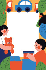 Kids Donating Toys Vertical & Portrait Poster Template. Charity Event Frame with Blank Copy Space