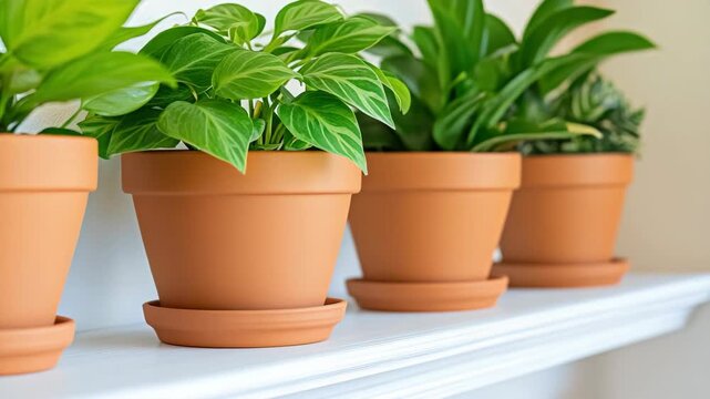 A row of potted plants with green leaves on a shelf, suggesting an indoor garden or decorative collection.