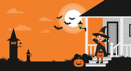 Charming Halloween Eve Illustration Featuring Little Witch Near Spooky House
