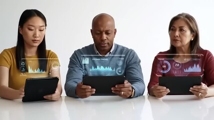 Diverse team analyzes data on tablets. - Powered by Adobe