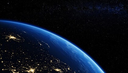 Obraz premium Illuminated city lights on Earth's curve seen from space at night against a starry cosmos.
