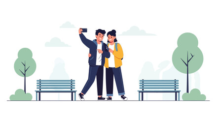 Cheerful Couple Taking Selfie In the Park With Benches and Trees