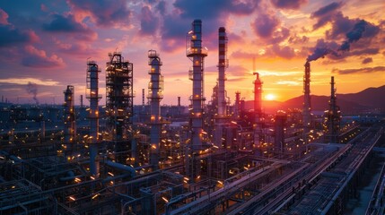 Fototapeta premium Industrial Complex at Sunset: A Striking Aerial View of a Refinery