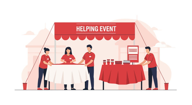 Diverse Volunteers Preparing For A Charitable Event At An Outdoor Market