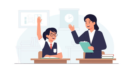Fototapeta premium Eager Student Raising Hand In Class To Answer Question In Classroom