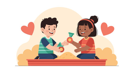 Cheerful Playtime Two Children Share Toys in Sandbox With Heart Accent