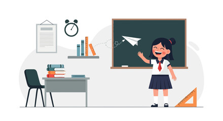 Cheerful Pupil Throws Paper Plane in Classroom During Learning Time