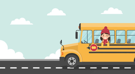 Cheerful Schoolgirl Rides Yellow Bus To School Under Cloudy Sky
