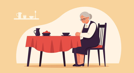 Elderly Woman Sits Alone At A Table With An Expression Of Sadness