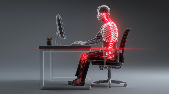 Digital illustration of skeleton sitting at desk, highlighting areas of strain in red, emphasizes ergonomic issues in office work. transparent chair and desk add futuristic touch