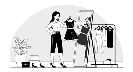 Elegant Woman In Boutique Considering Fashionable Garment Before Purchasing Item