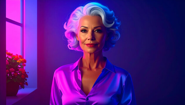 An elegant senior woman with stylish white hair smiles confidently in vibrant neon blue and purple light.