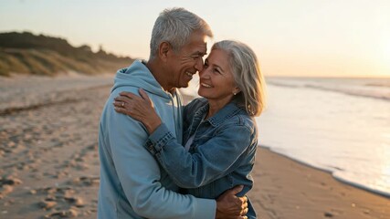 Happy senior couple embracing on the beach at sunset - Powered by Adobe
